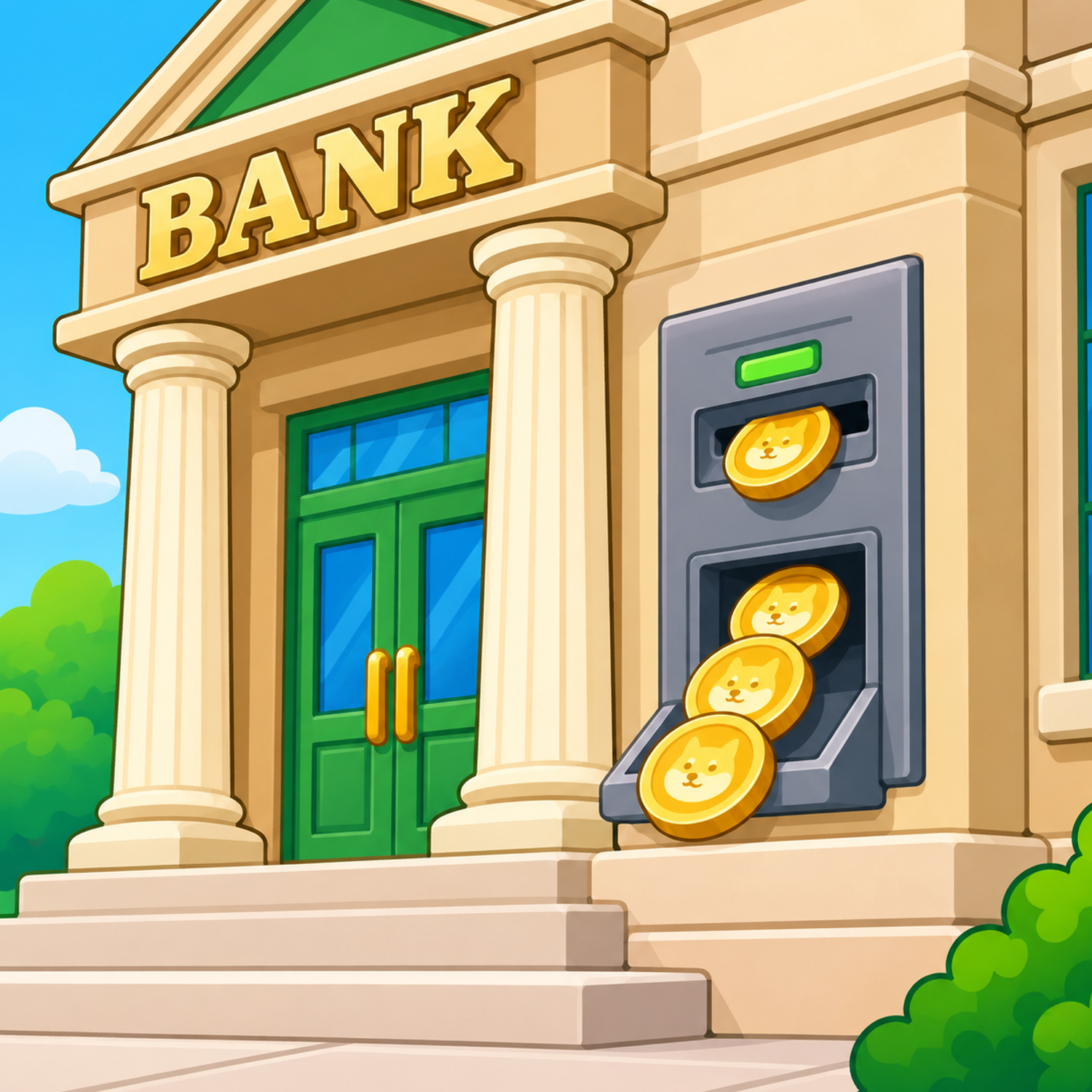 Close-up of the Bank Coin building with an ATM dispensing gold doge coins