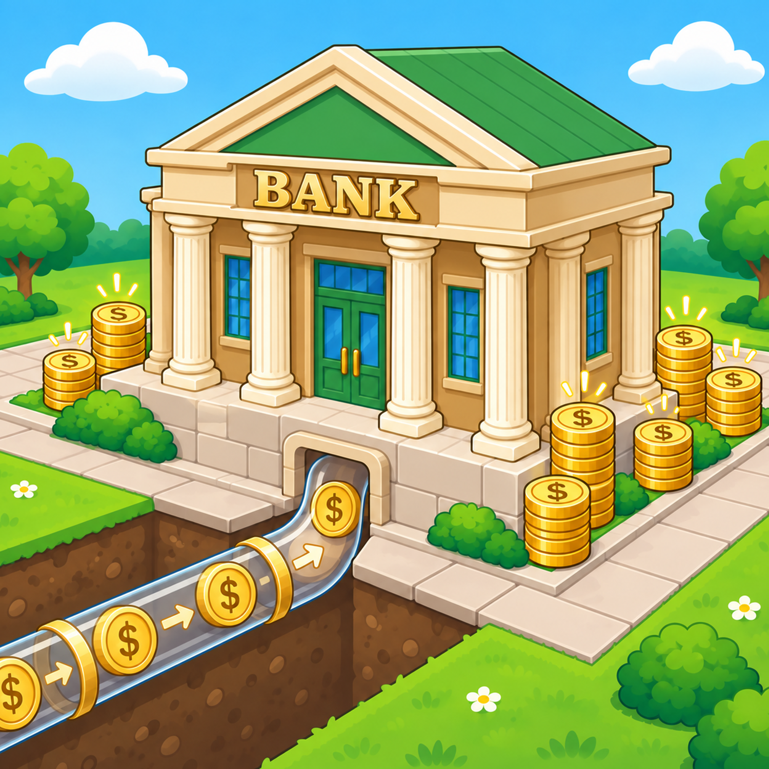 Cartoon Bank Coin building with a pipeline funneling dollar coins in and tall gold coin stacks beside it
