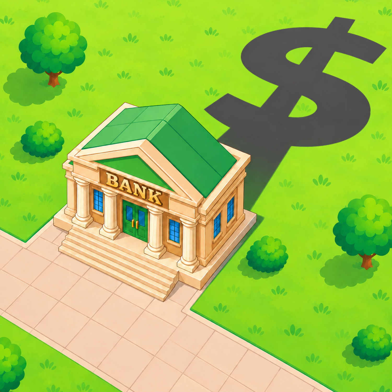 Isometric cartoon Bank Coin building casting a giant dollar-sign shadow across a green lawn